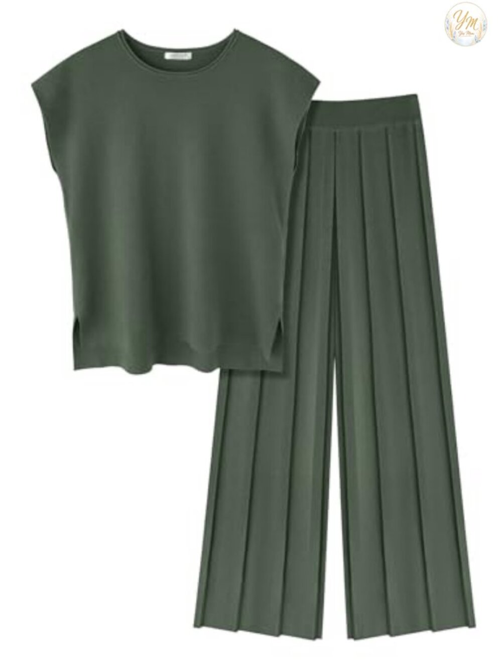 Two Piece Lounge Set Knit Cap Sleeve Top Wide Leg Pleated Pants Pull On